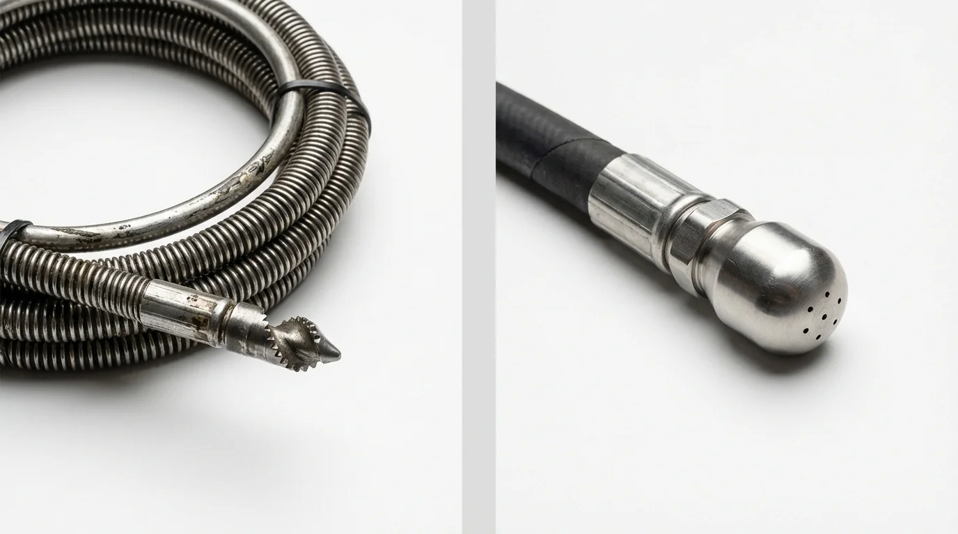 Drain snake cable and hydro jetting nozzle used for drain cleaning in Morehead City, NC
