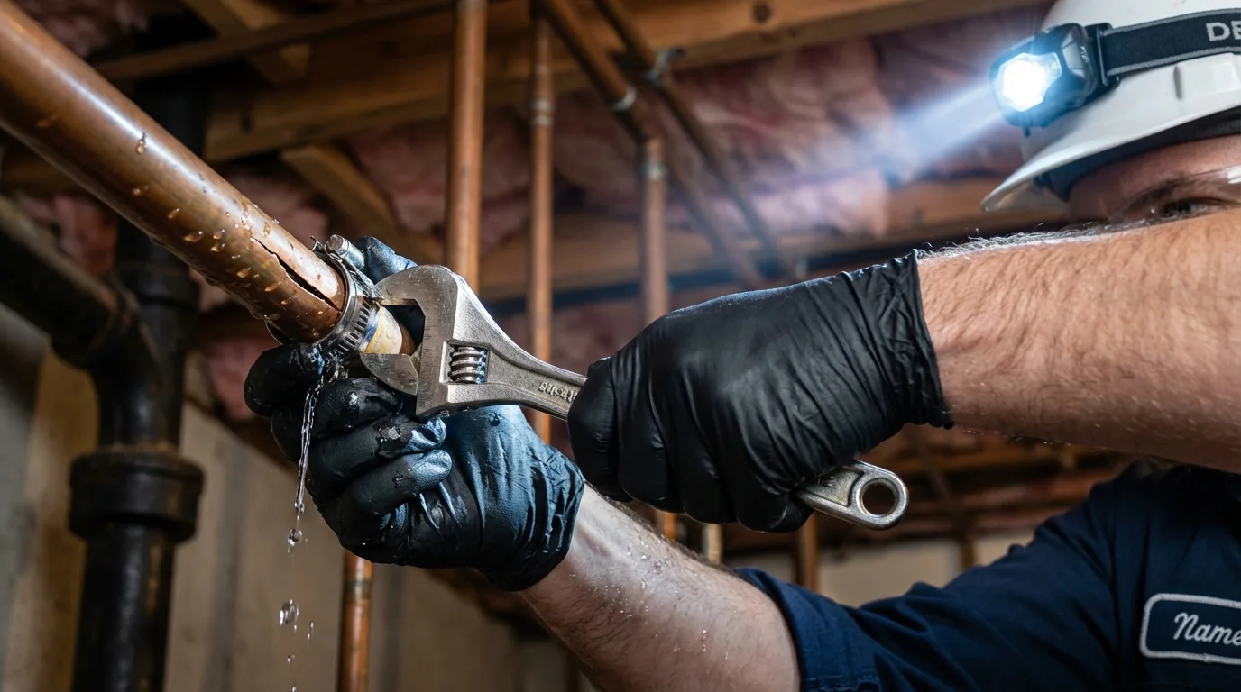 Emergency pipe clamp repair being performed by a Johns Plumbing LLC plumber in Morehead City