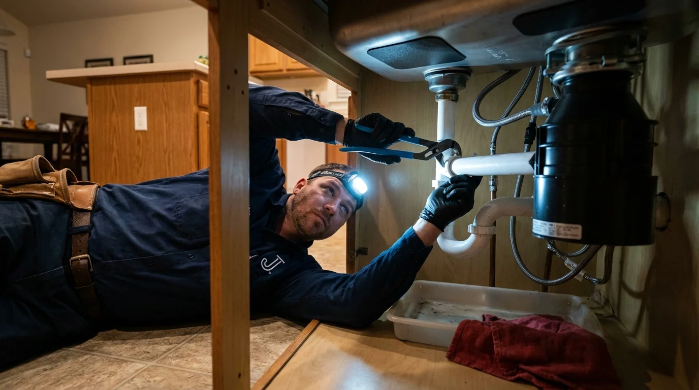 P-trap and supply line connections under a kitchen sink showing a common leak point in Morehead City, NC